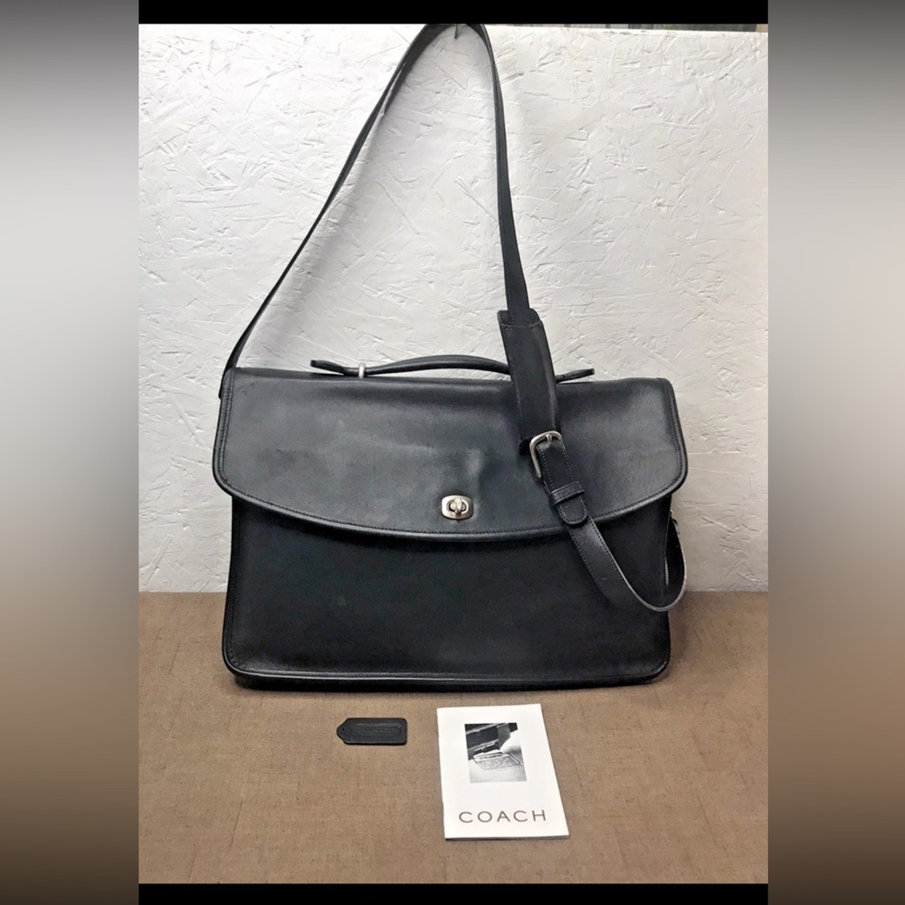 Vintage Coach Lexington 5265 Black Leather 2-Way Briefcase Messenger Bag Silver